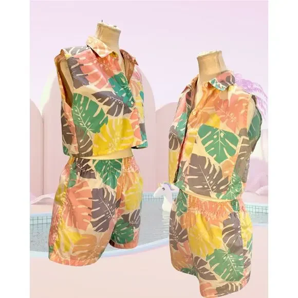 Vintage Boston Bay Club Cotton Pastel Crop Sleeveless Shirt and Short Set L - Picture 2 of 4